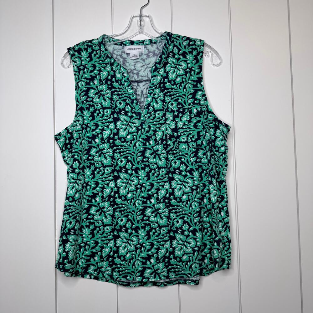 Liz Claiborne Green Navy Print V-Neck Tank Top Women’s XL